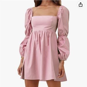 EXLURA Womens Square Neck Dress Long Puff Sleeve A-Line Casual Short Mini Dress